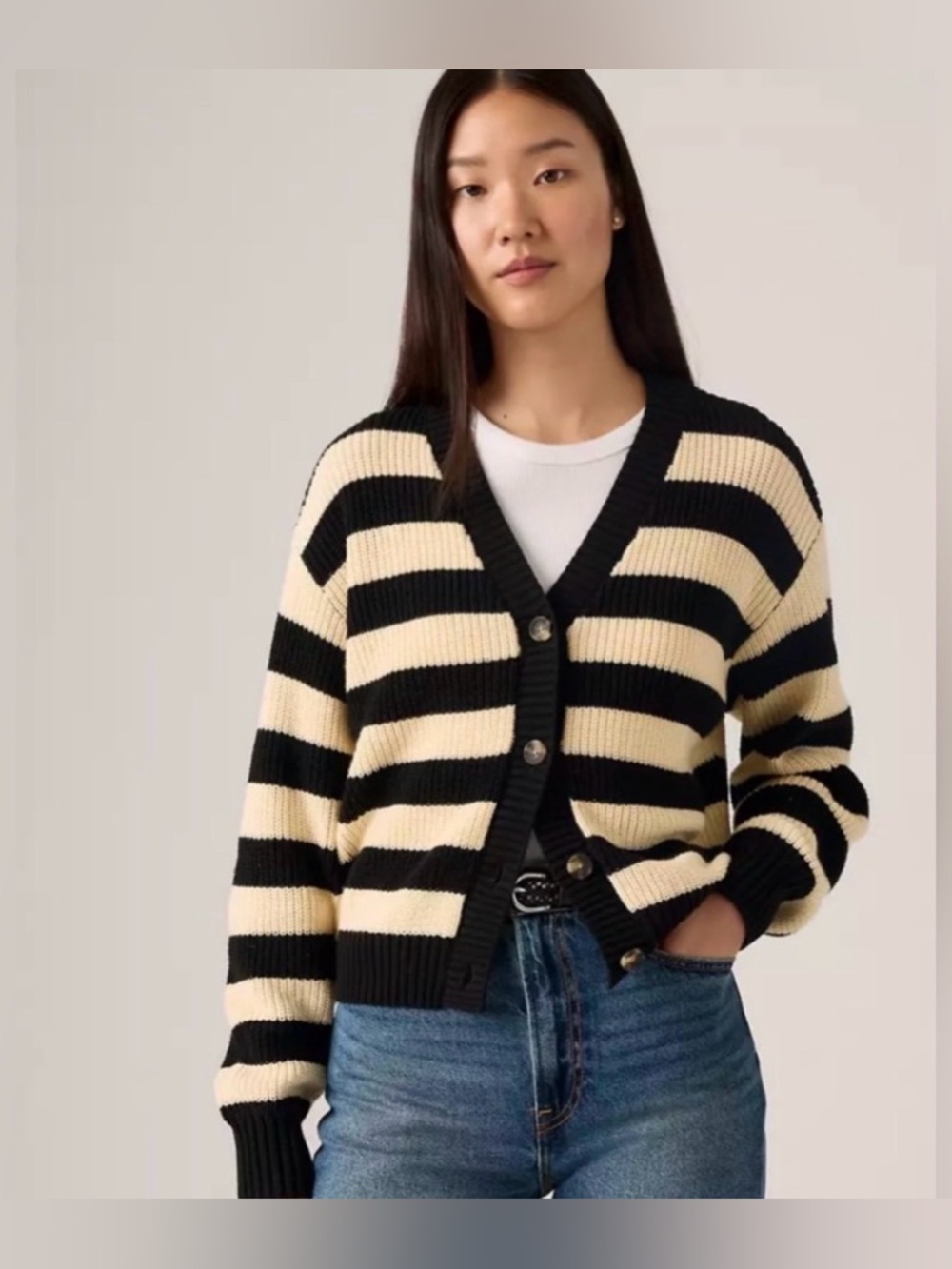 Levi's Black & Cream Striped V-Neck Button Cardigan
